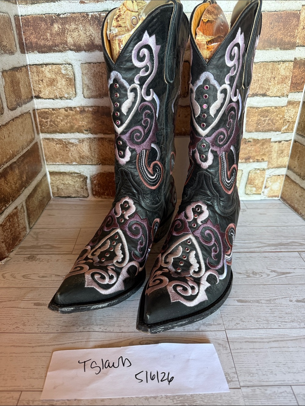 Old Gringo Black Western Boots with Pink and Mauve Embroidery